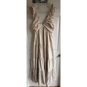 Pink Diamond Oatmeal Linen Blend Ruffle Dress Sz 6 Cream Maxi  Smocked Tiered